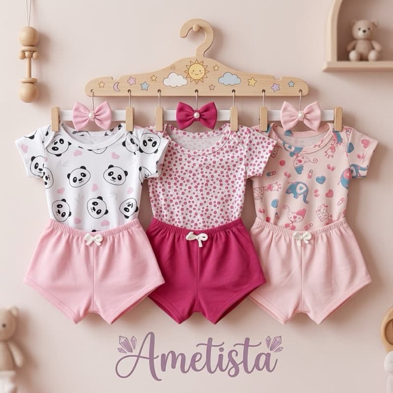 Kit 3 Conjuntos Bebê Menina Body Estampado + Short + Tiara Verão