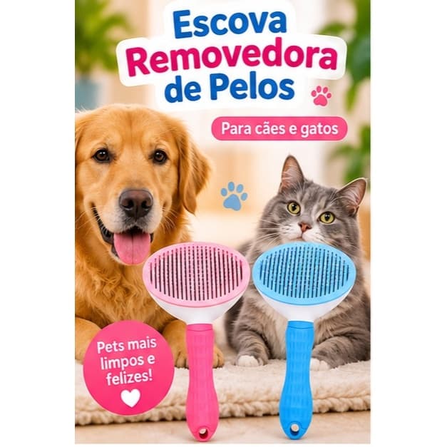 Escova Rasqueadeira Autolimpante Removedora Pelos Cães Gatos Pente Pet 10x20cm Cerdas Metálicas Azul Rosa