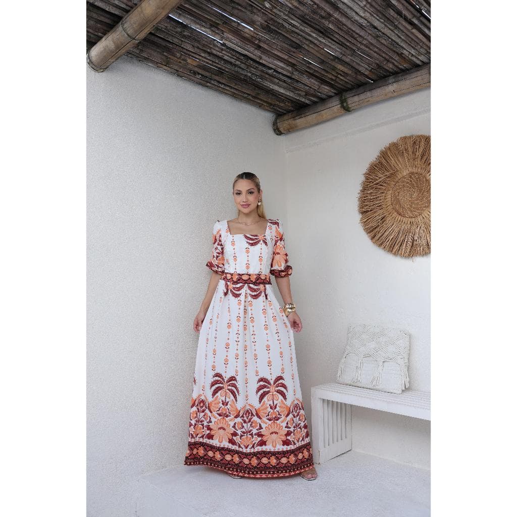 Vestido Longo Com Manga Estampado Forrado Tendencia Verão Tecido Fresquinho
