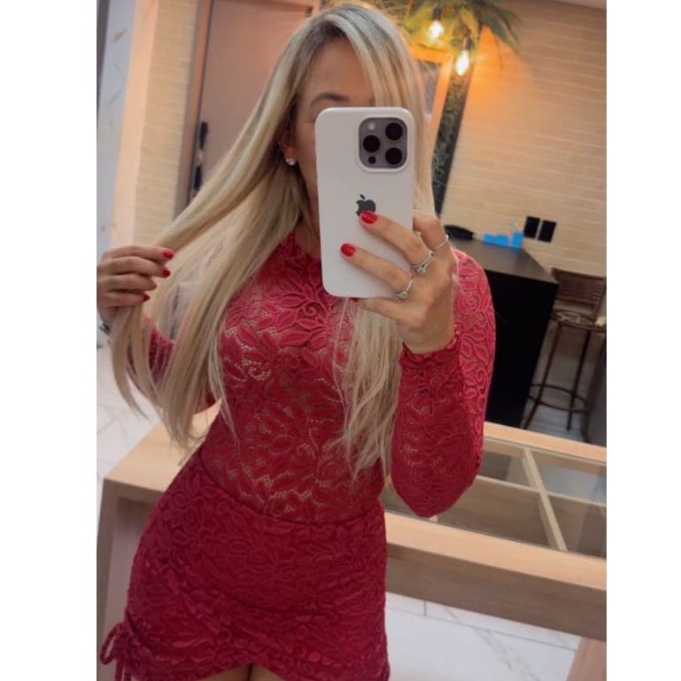 Conjunto Feminino de Renda Body Manga Longa + Saia Forrada Balada Festa de Fim de Ano