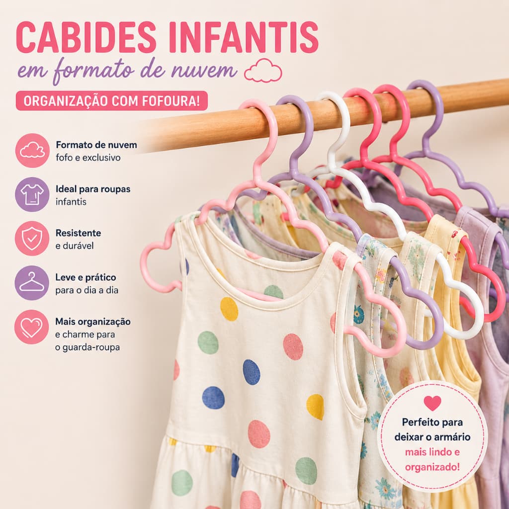 Kit 10 Cabides Infantis Nuvem para Roupas de Bebê e Criança – Organizador Infantil