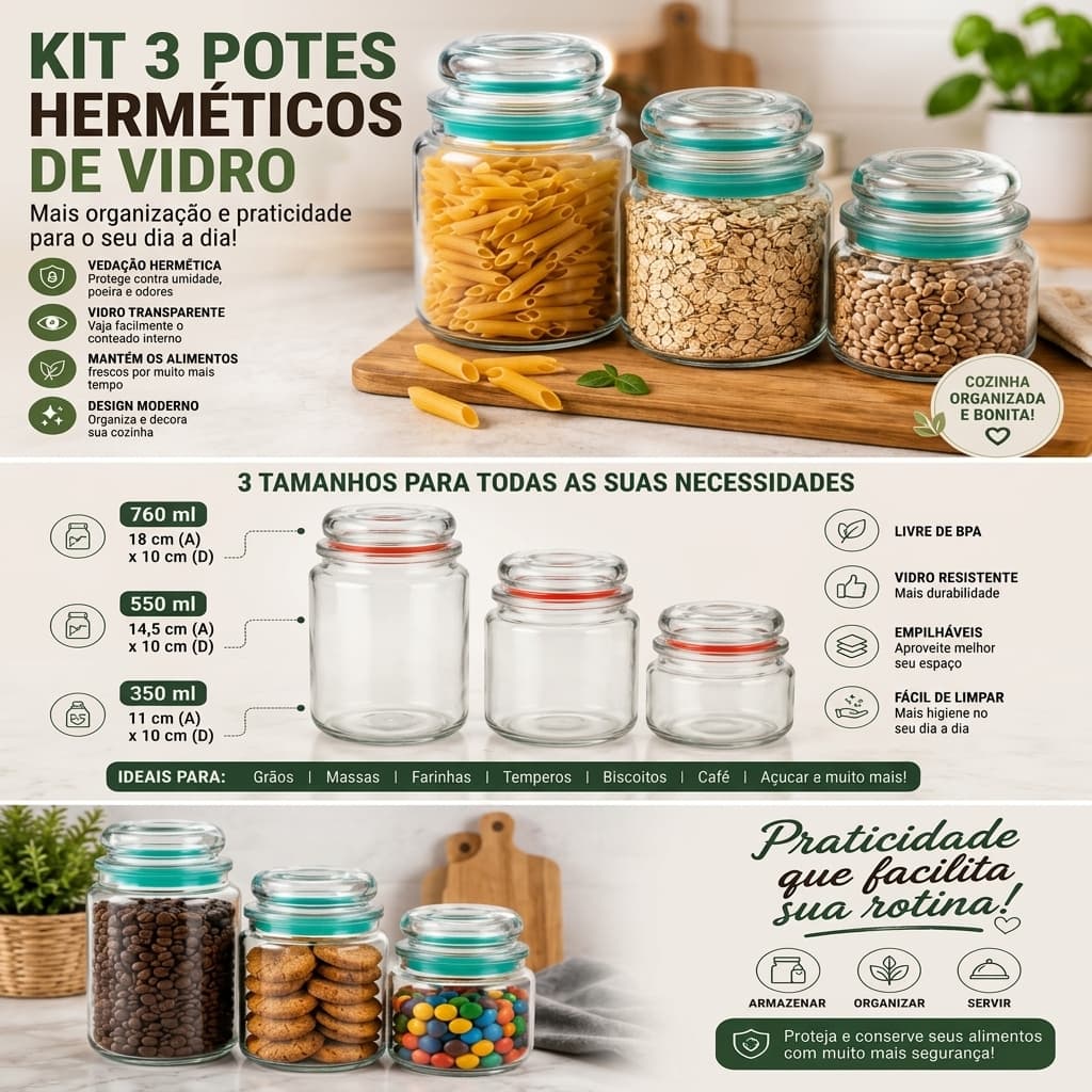 Kit 3 Potes Herméticos de Vidro 350ml 550ml 760ml Cozinha Mantimentos