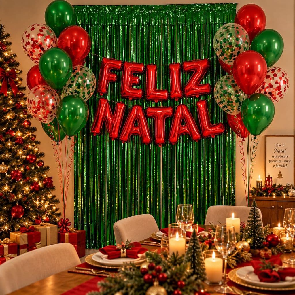 Kit Decoração Natal Verde Vermelho Natalino Festas Cortina Metalizada Balão Bexiga Metálica