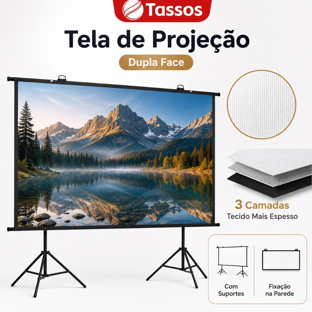 TASSOS Tela Projetor 120 Polegadas Branca Dupla Face 3 Camadas Alta Densidade Tripé Duplo Tela de Projeção Cinema