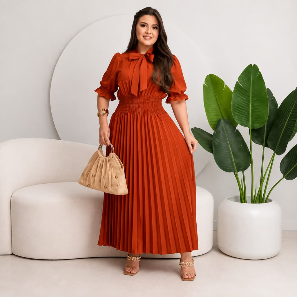 Vestido Midi Plissado Feminino Elegante com Manga Bufante e Laço