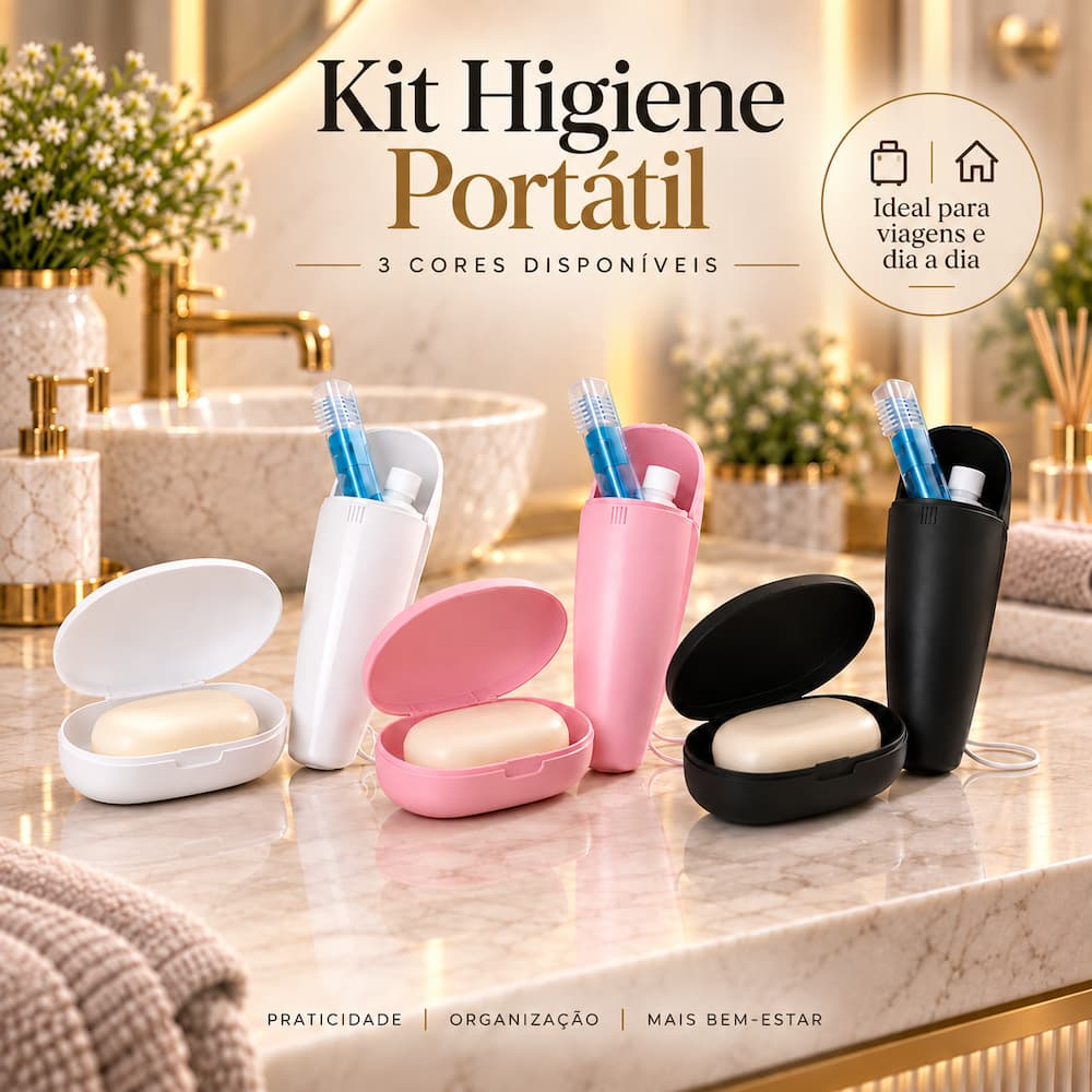 Kit Porta Escova Dental e Saboneteira Portátil para Viagem – Preto, Branco ou Rosa