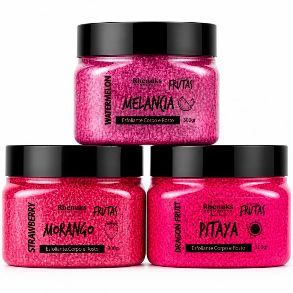 Kit 3 Esfoliante Corporal 300g Rhenuks Morango, Melancia e Pitaya - Aroma Frutado