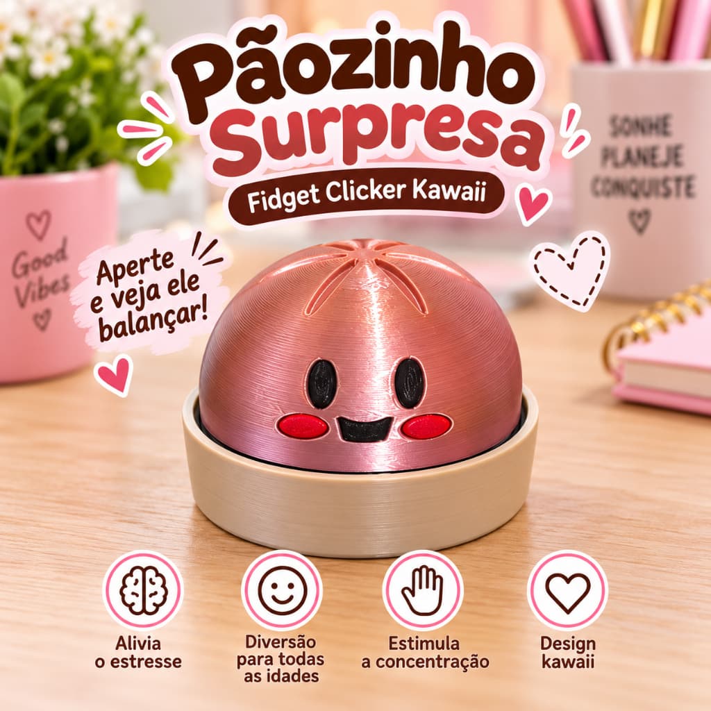 Pãozinho Fidget Clicker Kawaii Sensorial 3D