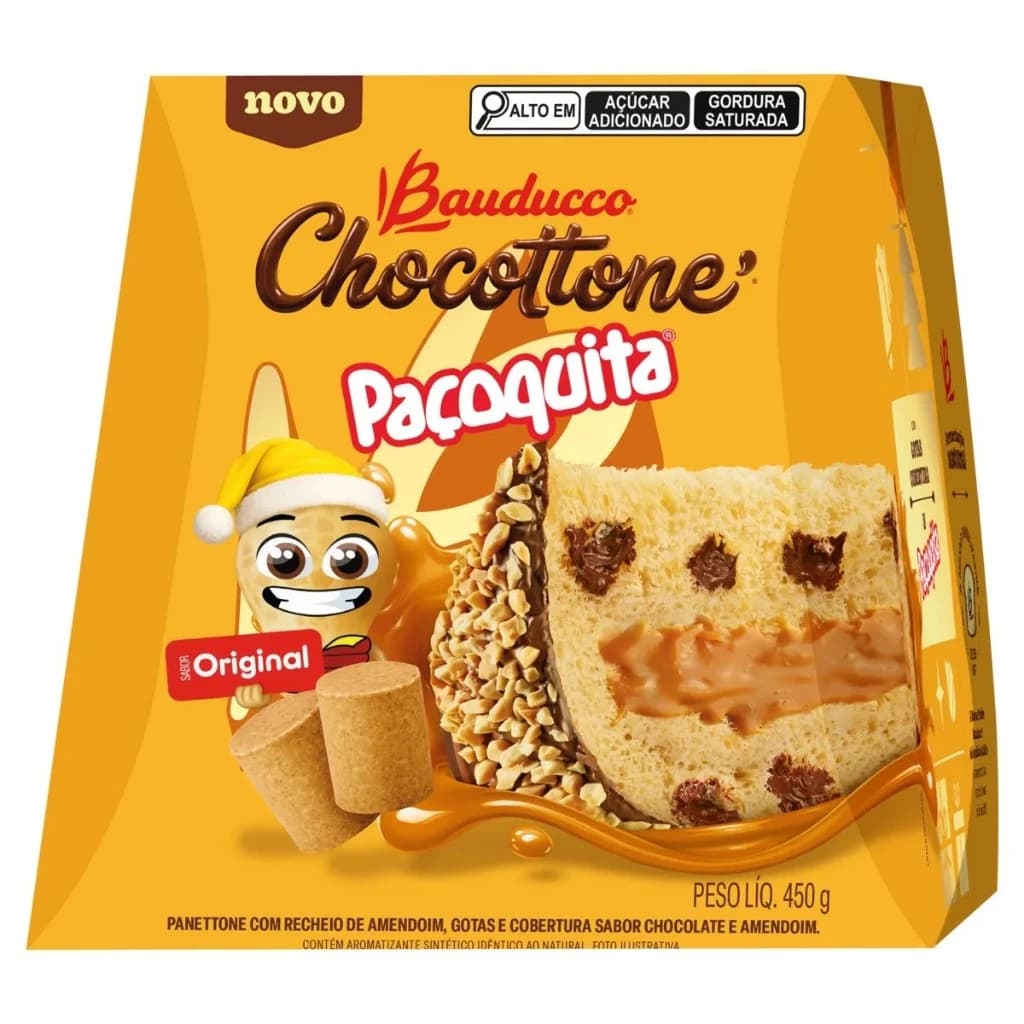Chocottone Paçoquita de Amendoim Bauducco 450g Panettone Recheio Pasta de Amendoim Gotas e Coberto Chocolate