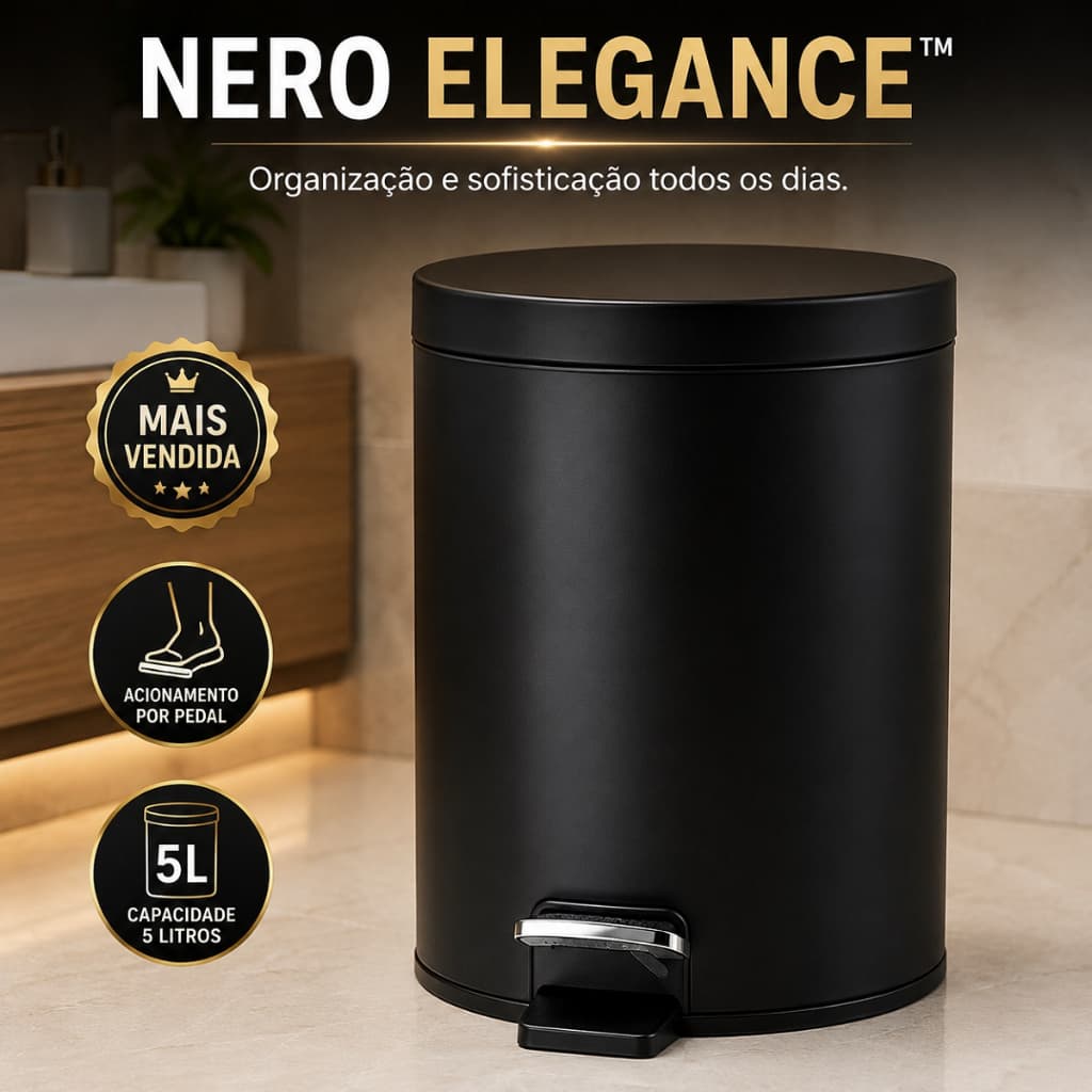 Lixeira Redonda Pedal Ação Suave Capacidade 3 Litros Aço Inox Compacta Preto Matte