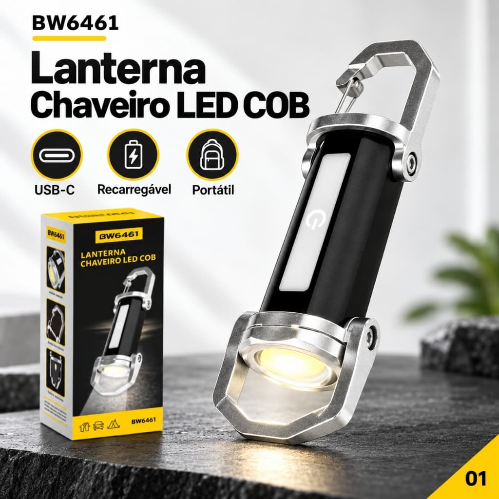 Mini Lanterna Chaveiro LED COB Recarregável USB-C com Mosquetão Portátil para Carro Camping Emergência