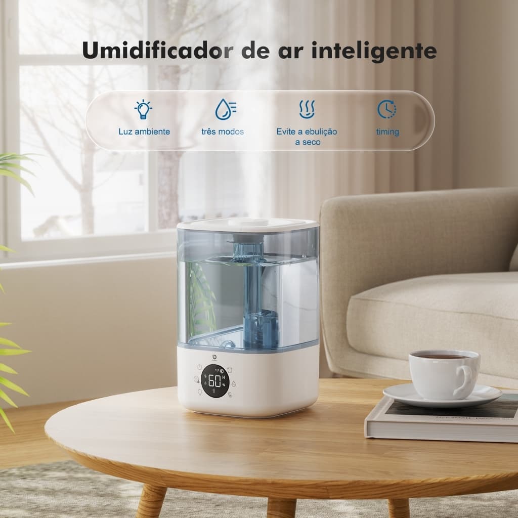 Umidificador Inteligente Ultrassônico 4L Controle App Remoto 3 Níveis Silencioso Luz Noturna