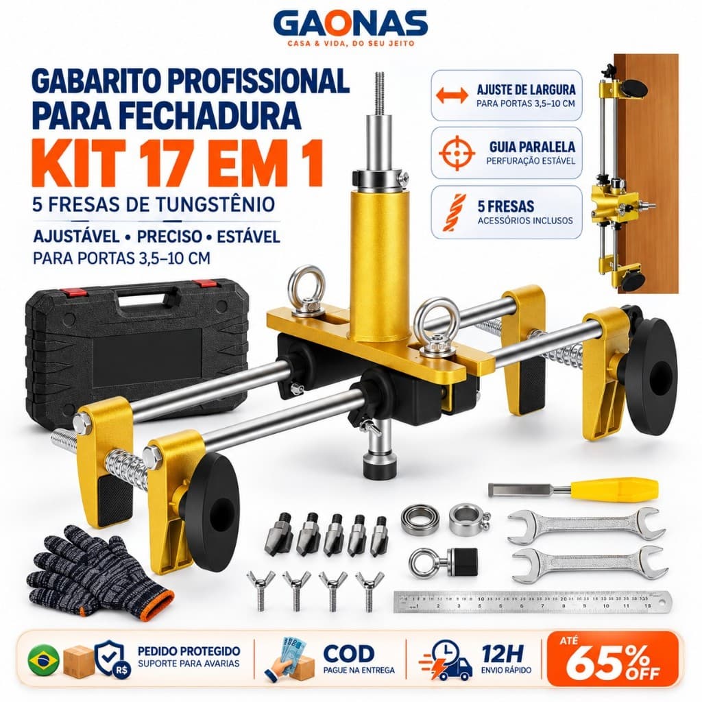GN-Gabarito para Fechadura Kit 17 em 1 com 5 Fresas 16,5-24mm Ajustável para Porta de Madeira e Fechadura Digital Pro