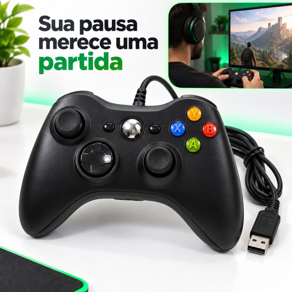 Joystick Gamer USB Com Fio Modelo 360 para PC Windows com Dois Analógicos