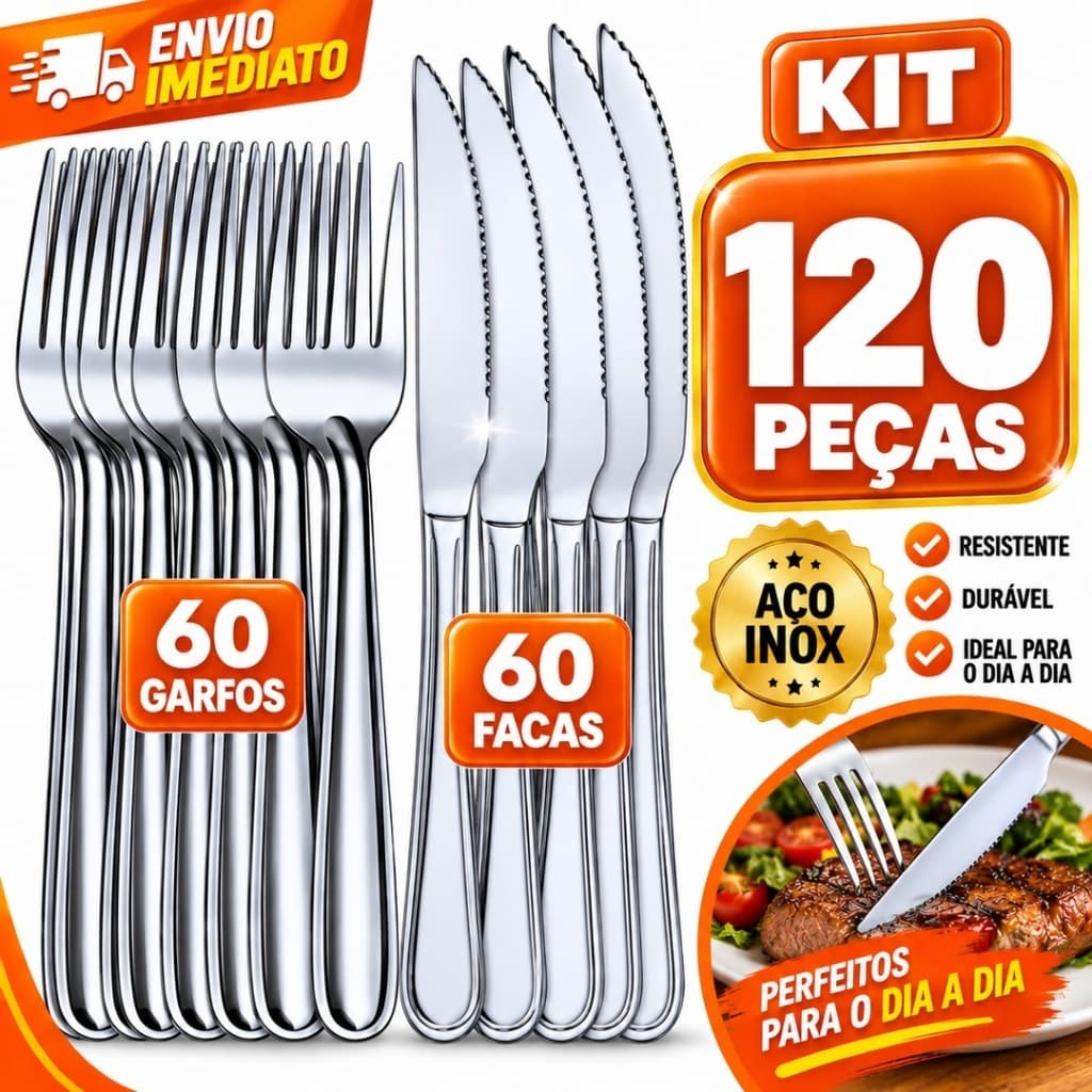 Kit 120 Talheres Aço Inox 60 Garfos + 60 Facas de Mesa Faqueiro Resistente Restaurante Buffet Cozinha