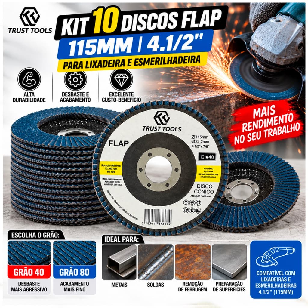 Kit 10 Discos Flap Cônico  4.1/2 Pol Grão 40 e 80 Reforçado Lixadeira