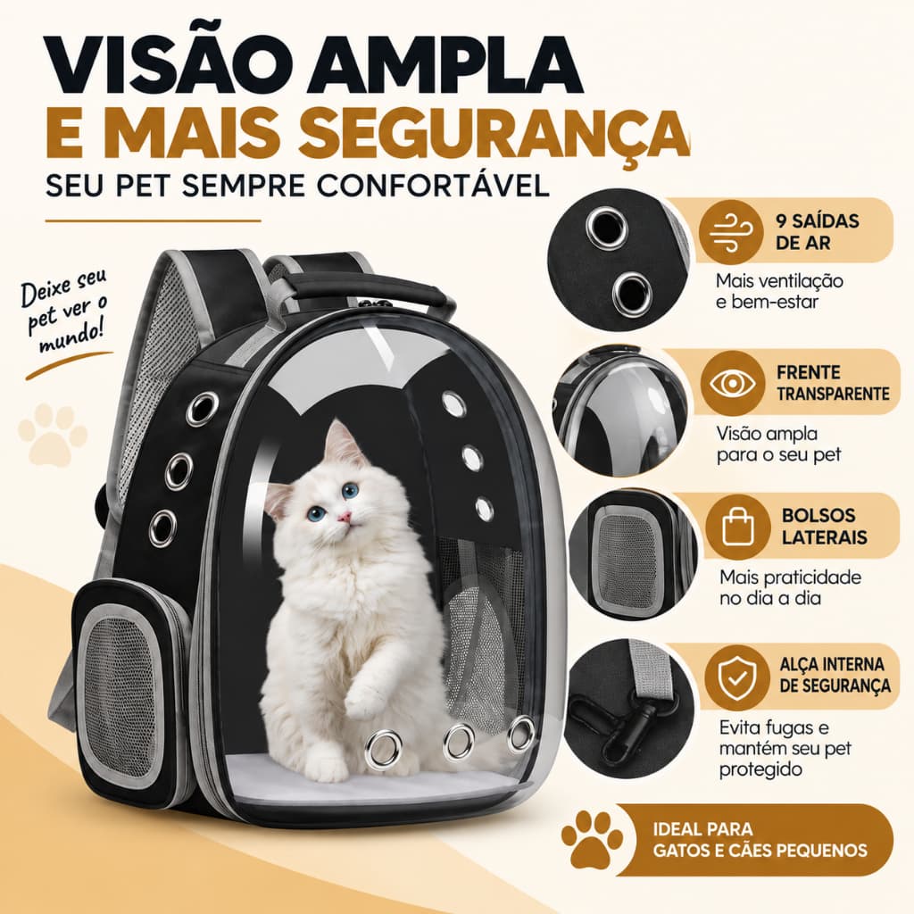 ```text Mochila Pet Transporte Cães e Gatos Até 6kg Visão Panorâmica Ventilada Preta para Viagem e Passeio ```