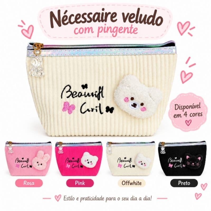 Nécessaire Veludo Feminina Linda com Pingente Urso Bolsa Maquiagem Organizador