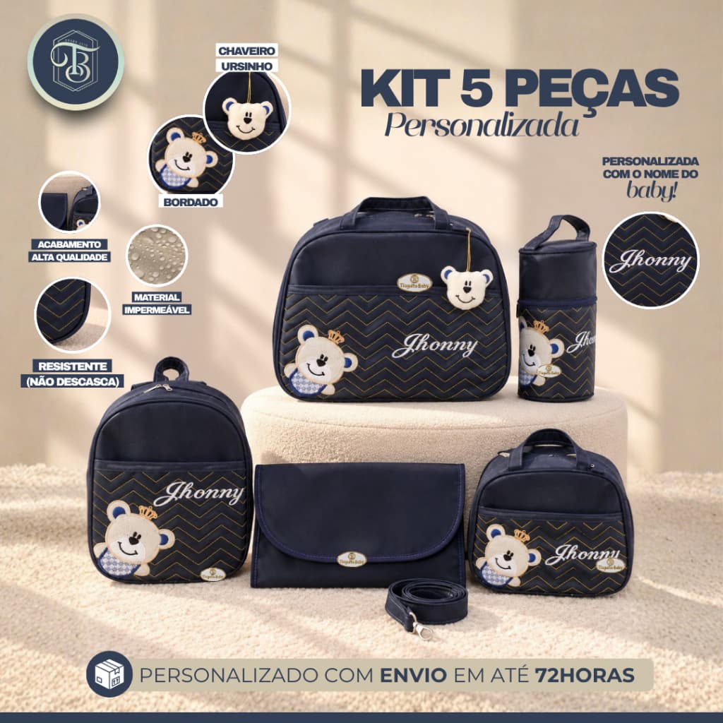 KIT BOLSA MATERNIDADE URSO COROA  5 PEÇAS PERSONALIZADO( MARINHO)