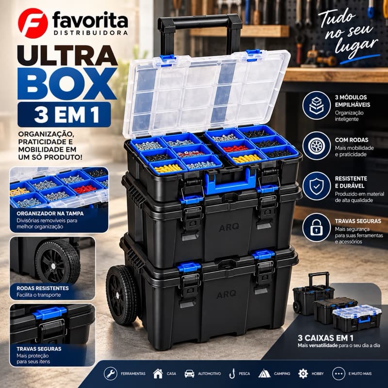 KIT Caixa de Ferramentas Modular 3 em 1 Ultra Box com Rodas  Resistente TOY 26036