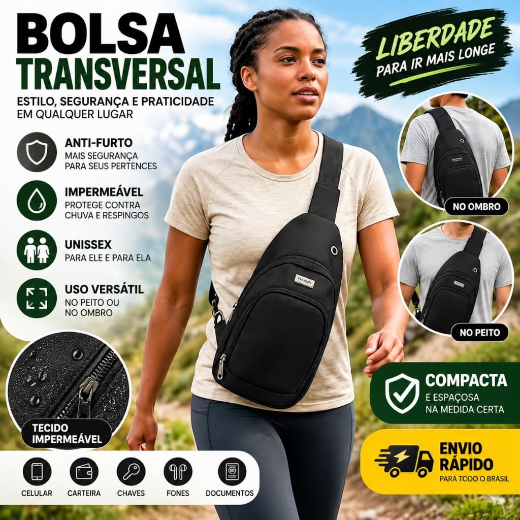 Bolsa Transversal Tiracolo Unissex Anti-Furto Impermeável para Peito e Ombro Mochila Compacta