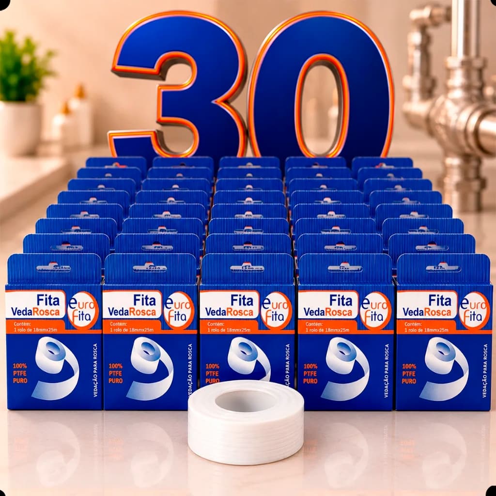 Kit 30 Fitas Veda Rosca Teflon 18mm x 25m Vedação Profissional PVC Encanamento Hidráulica Rosca Tubulação