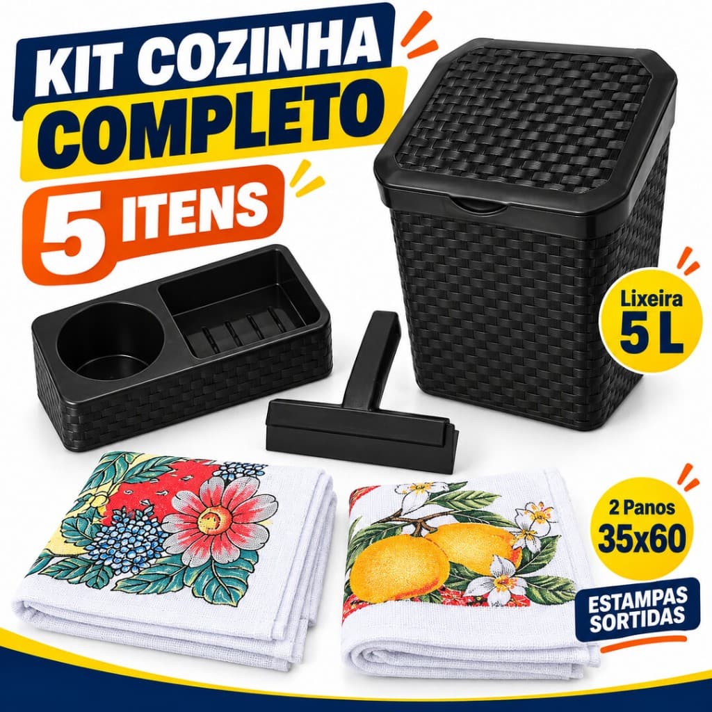 Kit Cozinha 5 Peças Lixeira 5L com Tampa + Rodo de Pia + Porta Detergente + 2 Panos de Prato Estampados Kit Pia