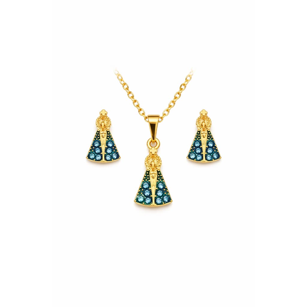 Conjunto de Brinco e Colar Nossa Senhora Aparecida Azul | Cor: Azul