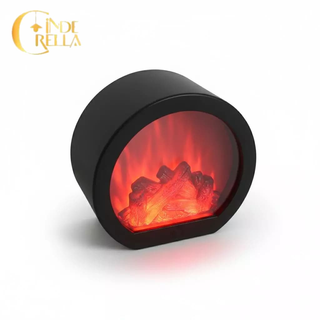 Abajur Lareira Decorativa LED com Efeito Chama Flame USB – Luminária de Mesa Moderna Preta