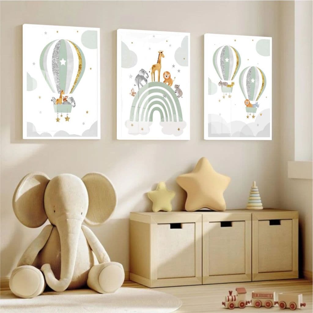 Quadro Moldura e Vidro Kit Três Peças Animais Safari Arco Íris Balões Nuvens Decoração Quarto Bebê