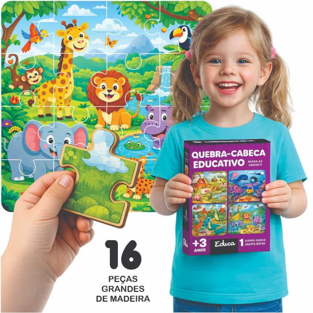 Meu Primeiro Quebra Cabeça Gigante Animais 16 peças grandes Madeira Educativo Pedagógico