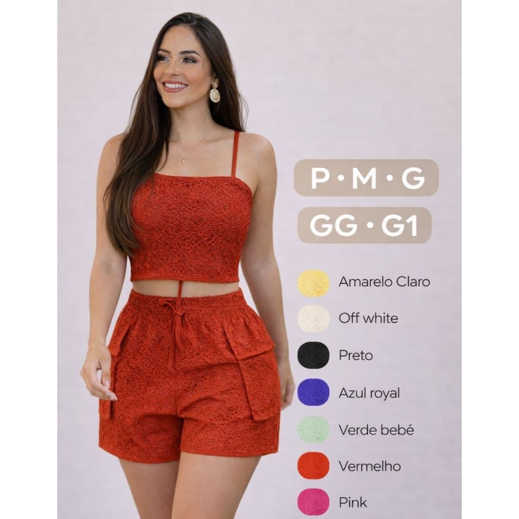 Conjunto Feminino Cropped Top Alcinhas E Short Cós Alto de elástico com cordão P ao G1