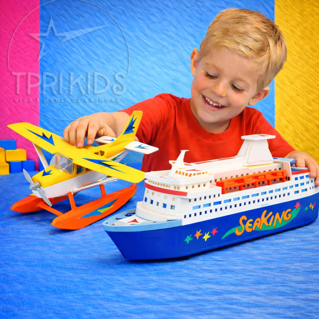 Kit Avião Navio Brinquedo Infantil Hidroavião Cruzeiro Flutua na Água Menino Menina Aventura Lúdico