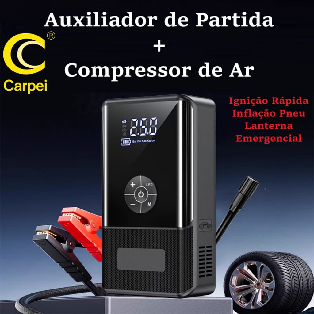 2 em 1 - Auxiliador Partida Compressor de Ar PowerBank Portátil Multifuncional Carregamento 12V