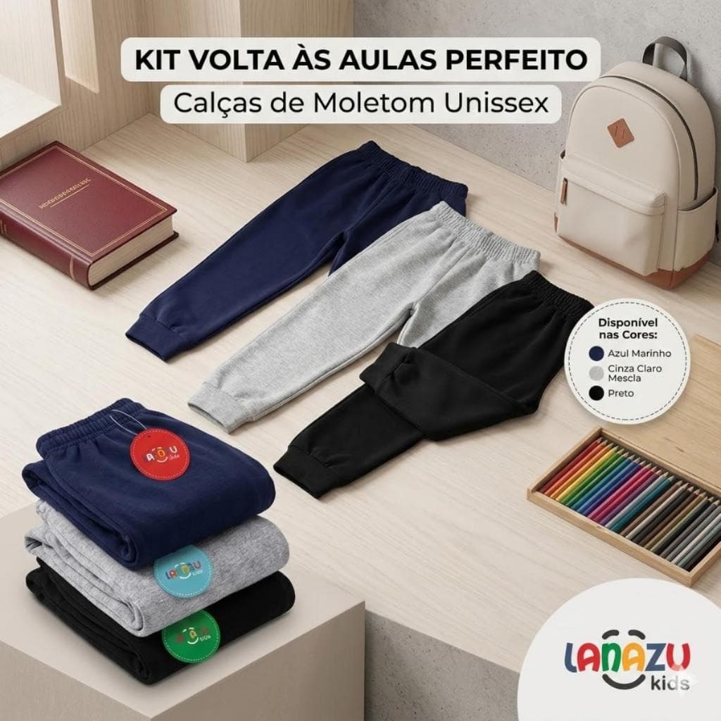 Kit 3 Calças de Moletom Infantil Unissex Azul Marinho e Cinza Mescla – Volta às Aulas Tam 01 ao 16