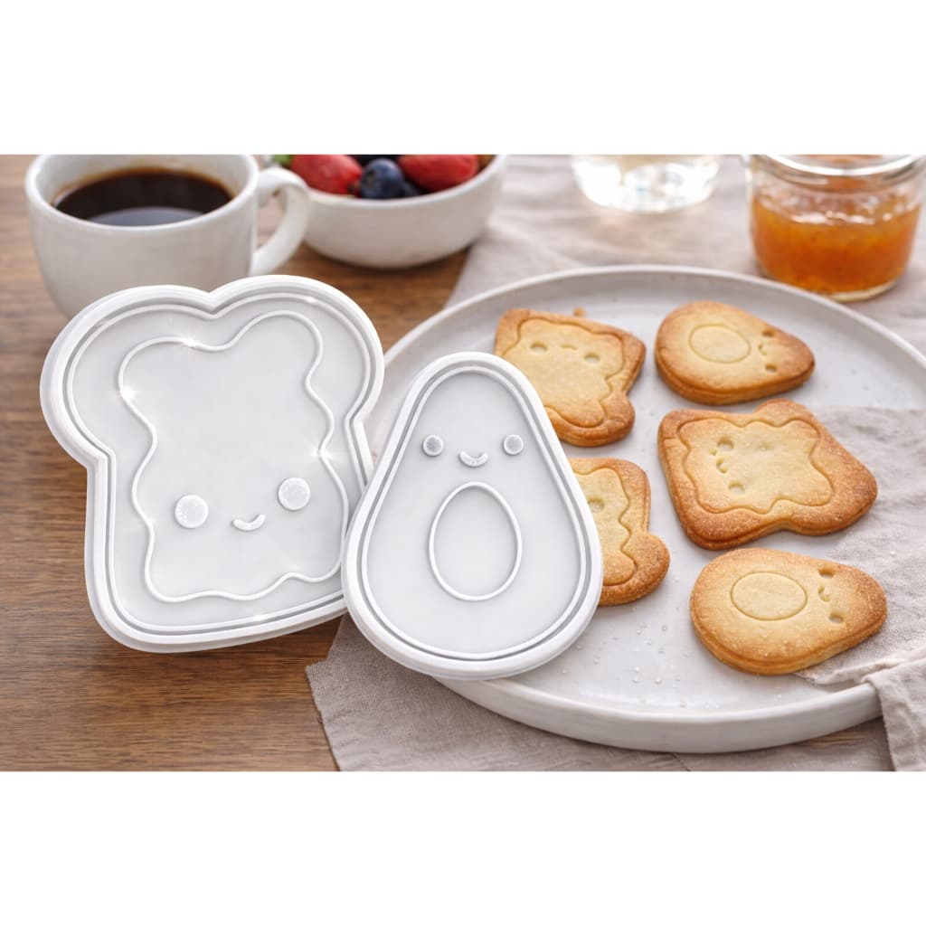 Cortador de Biscoitos Kit Abacate + Torrada – Moldes 3D com Carimbos, Design Fofo para Cookies e Confeitaria