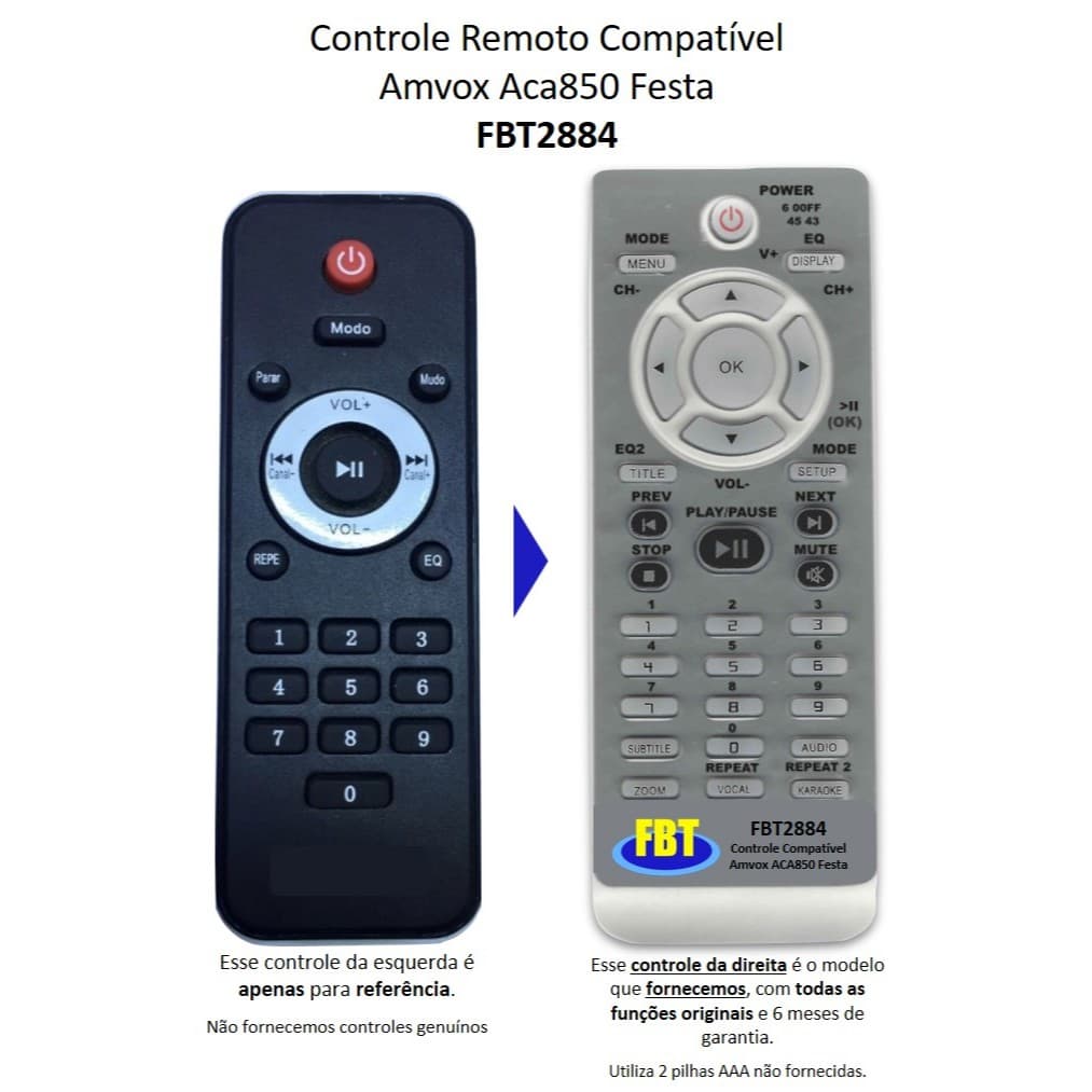 Controle Compatível AMVOX ACA850 Festa FBT2884