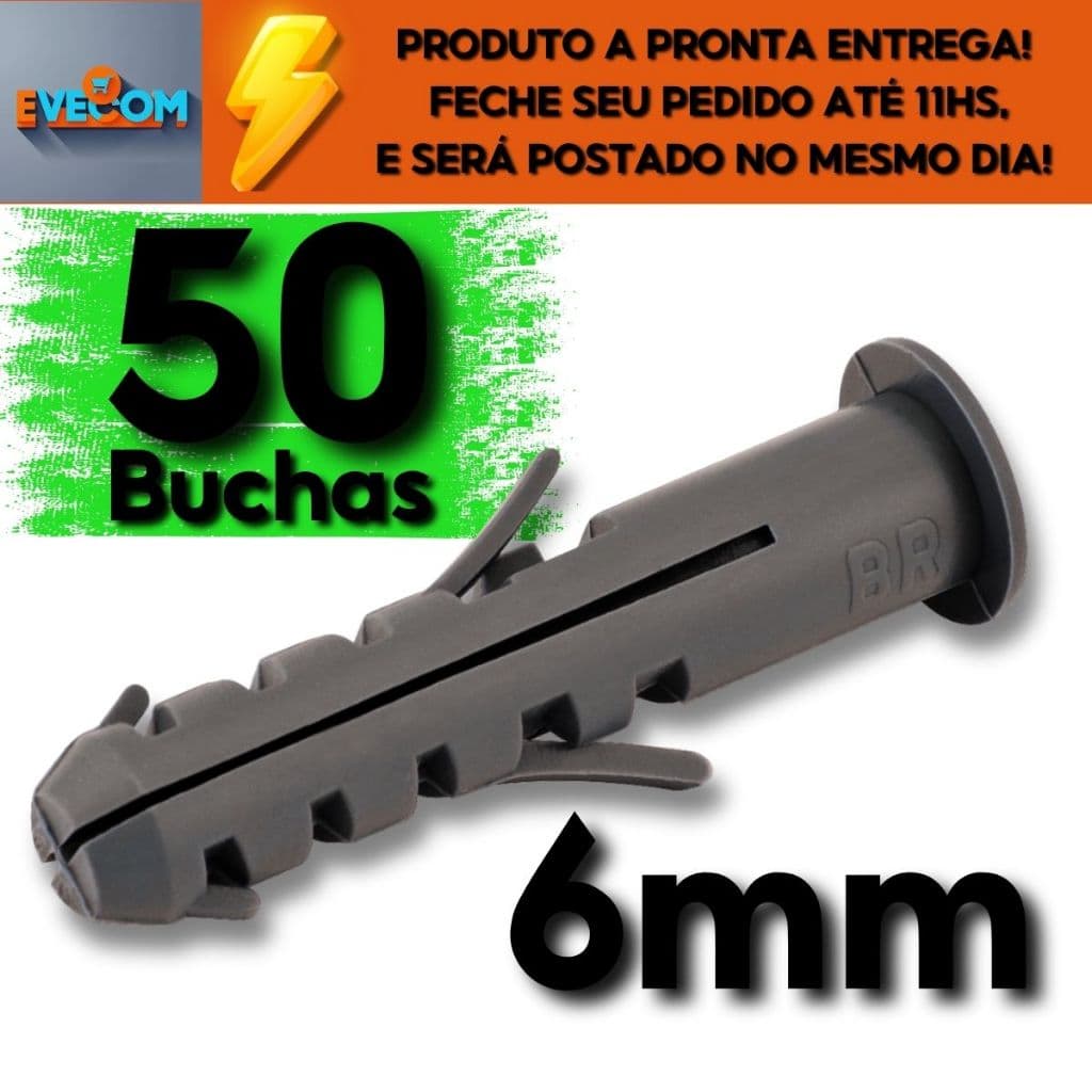 50 Peças Buchas 06mm de Fixação com Anel Para Concreto Parede Alvenaria Armarios Cantoneiras