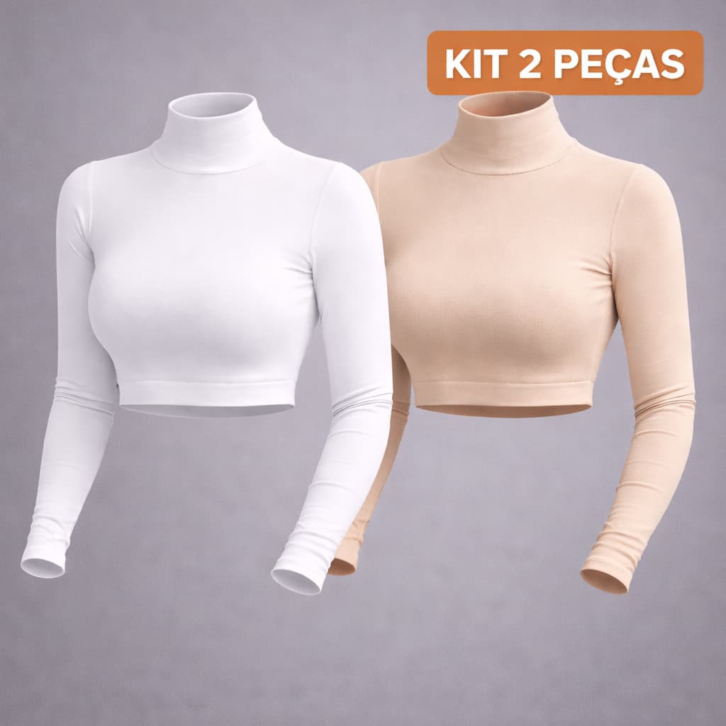 Kit 2 Croppeds Gola Alta Blusa Manga Longa Suplex Premium Sem Transparência