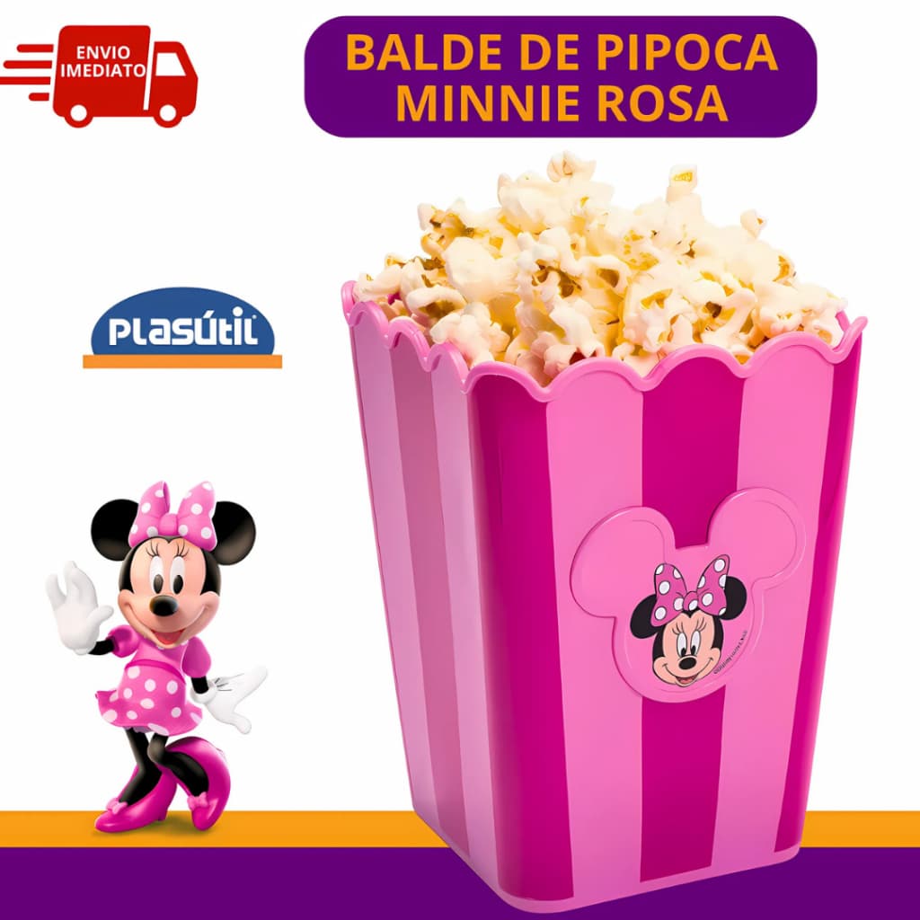 Balde de Pipoca Minnie Rosa Disney Infantil para Cinema Plasútil Balde Retro 1,5L