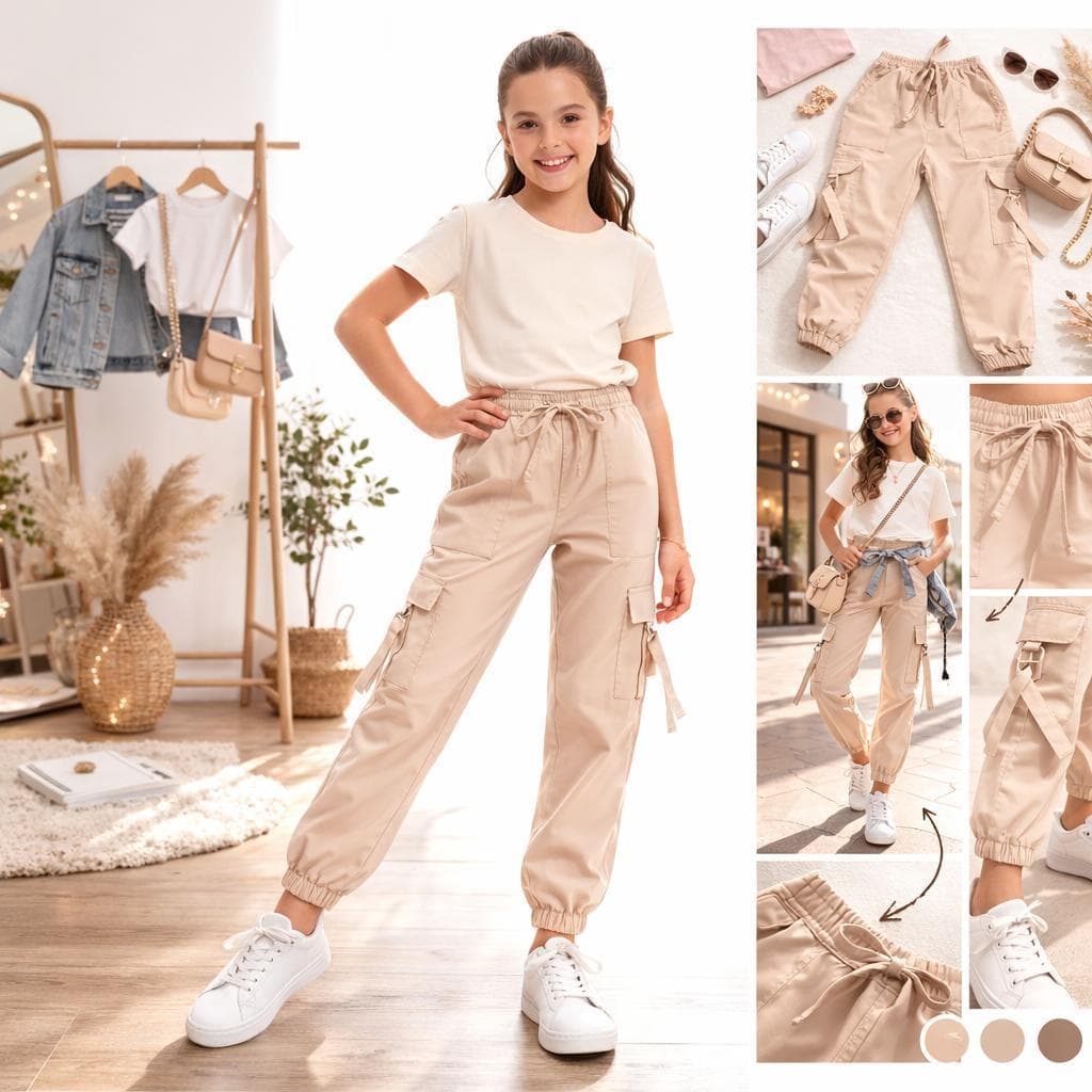 Calça Cargo Jogger Bege Acetinada Streetwear Parachute Com Fitas e Argola