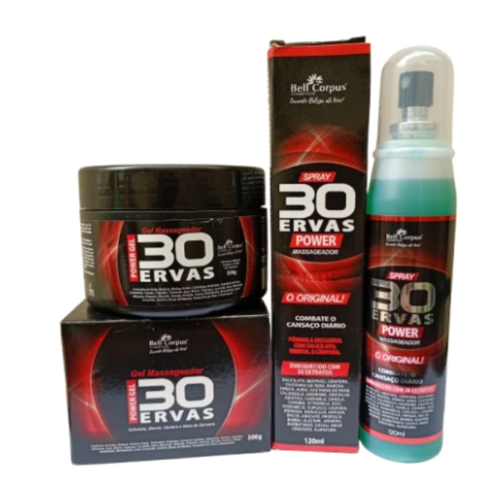 Kit  1 Power Gel 30 Ervas Massageador 300gr + 1  Spray 30 Ervas Power 120ml -Bell Corpus