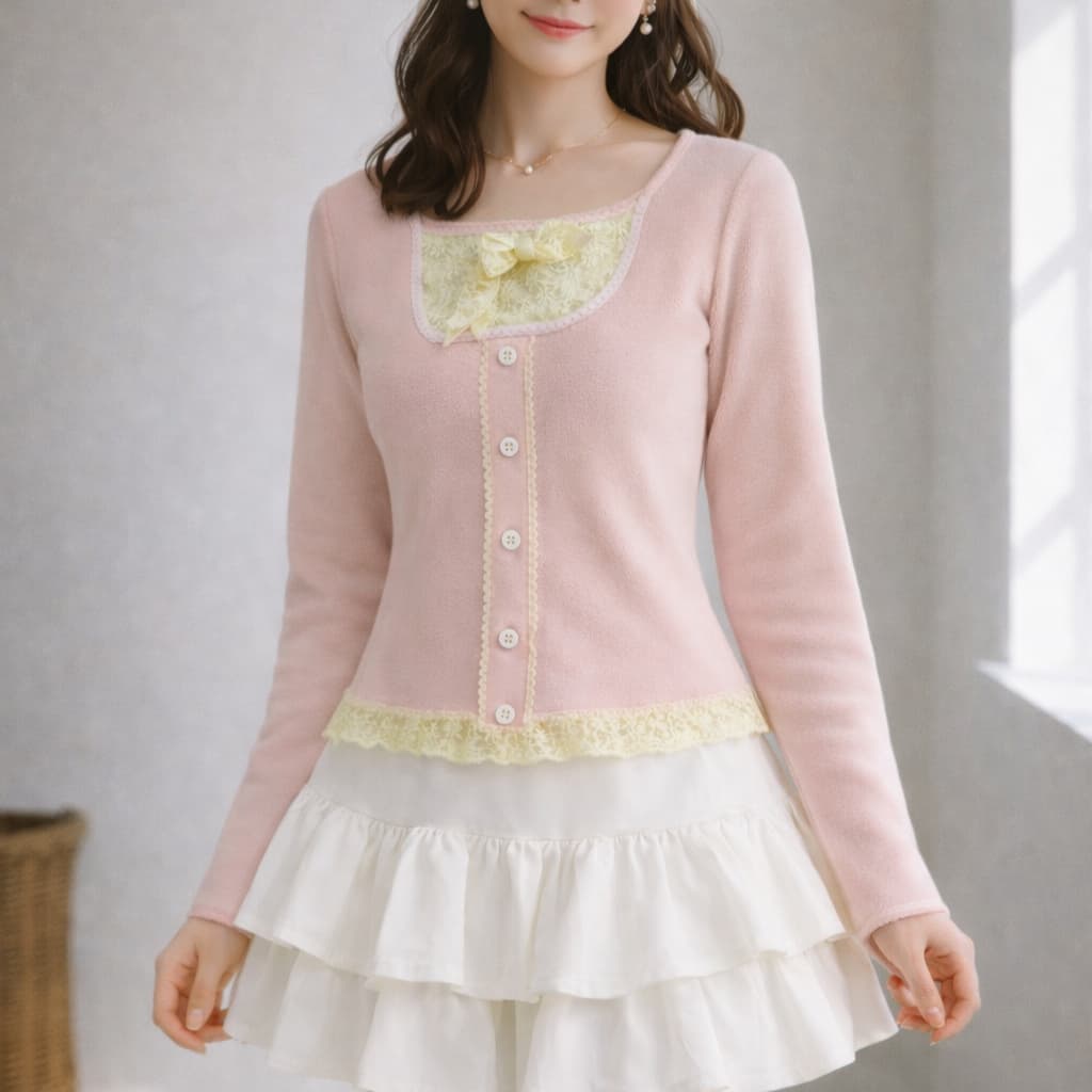Blusa Fleece Rosa Coquette Renda Laço Dazy Coreana Romântica K-Fashion Kawaii Soft Girl Aesthetic
