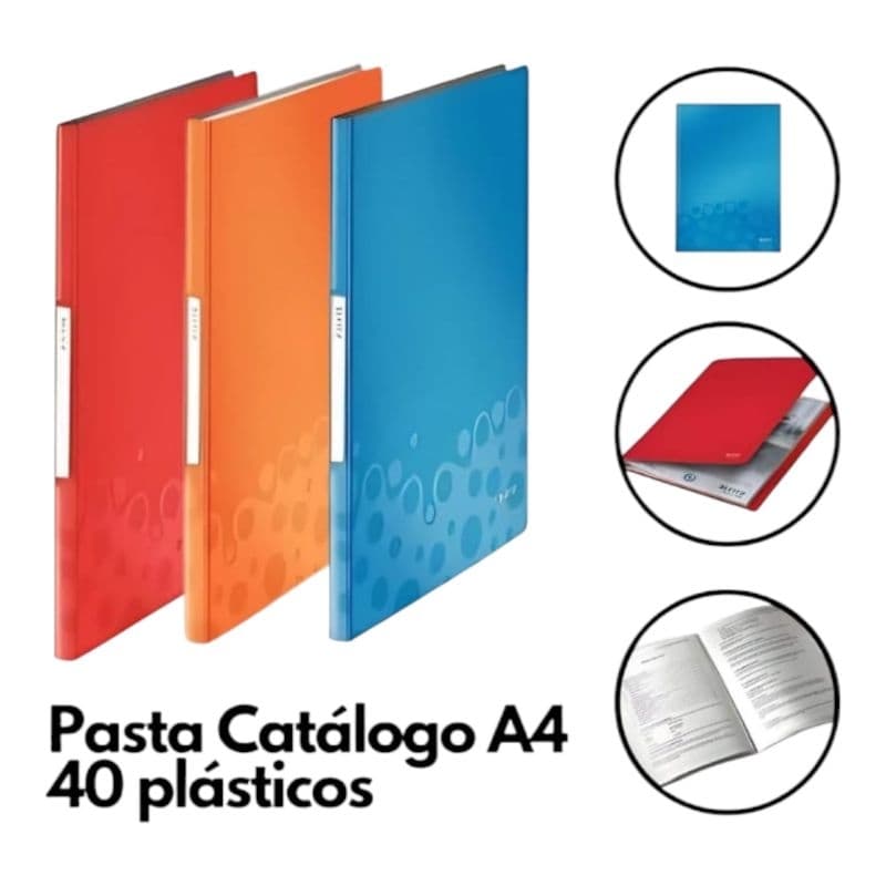 Pasta Catálogo colorida Leitz com 40 envelopes plásticos disponíveis em três cores