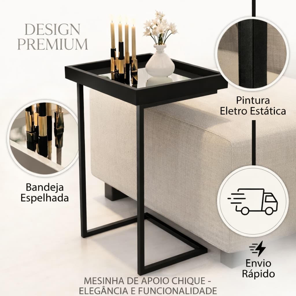 Mesa de Apoio com Espelho Luxo para Sofá Sala Quarto Elegante Moderna e Multifuncional