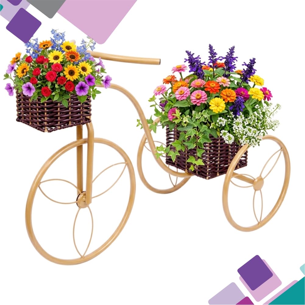 Bicicleta dourada decorativa, 2 cestos quadrados, suporte vaso e flor