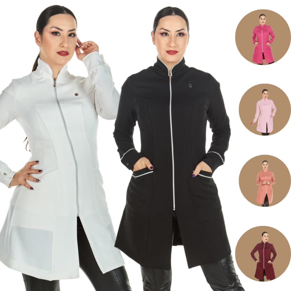 Jaleco Feminino Profissional Gola Padre Manga Longa Acinturado Saúde Estética