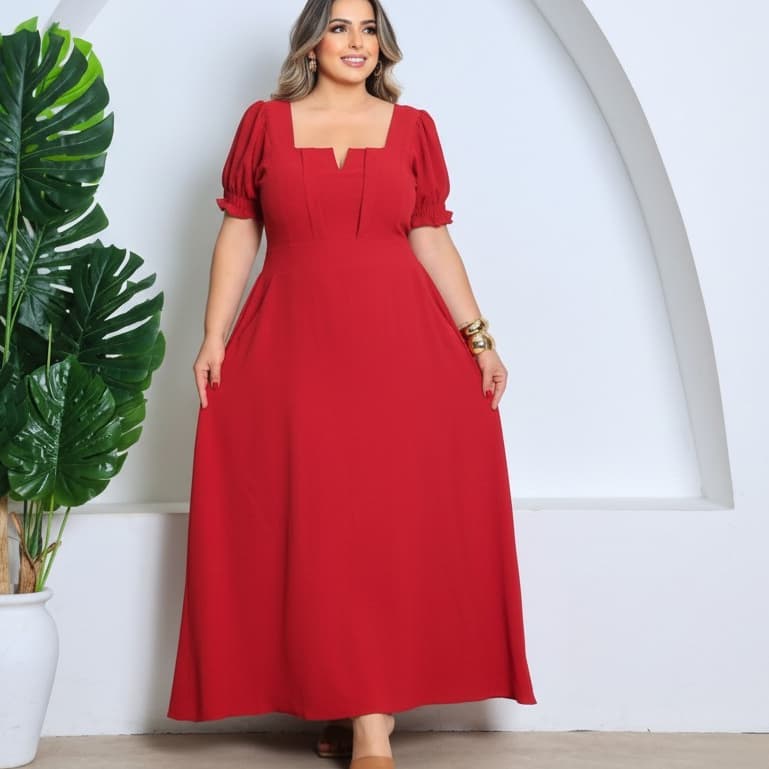 vestido  feminino luxo Elegante em Linho Plus Size - Manga princesa forrado por Dentro