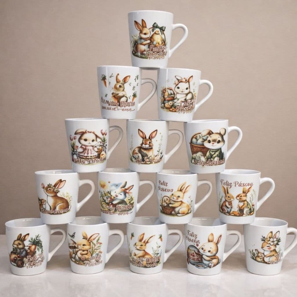 Kit Caneca Coelho Pascoa 120ml Porcelana Xicara Chá Café Presente Criativo Infantil Decoracao Tematica
