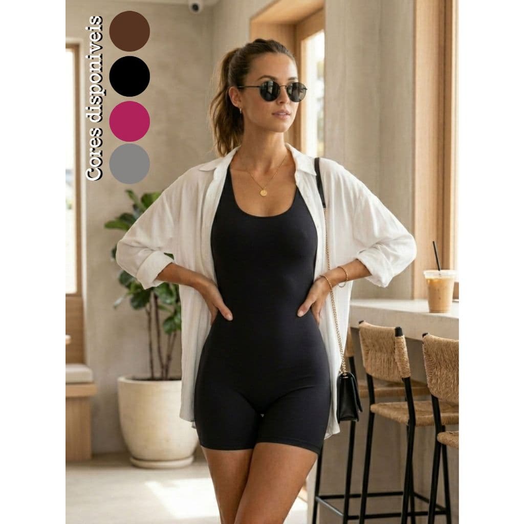 Macaquinho Feminino Slim Casual Estiloso Suplex Versátil Treino Academia Confortável Compressão